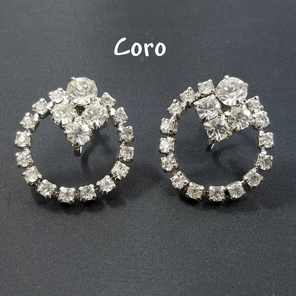 Vintage Coro Rhinestone Earrings Silver Tone Screw Back Wedding Bridal 1950s - Picture 6 of 10